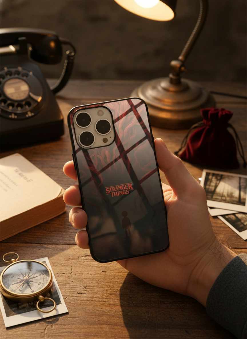 STRANGER THINGS- Stranger Dark Roots Premium Glass Back Cover For iPhone 11-17 Models