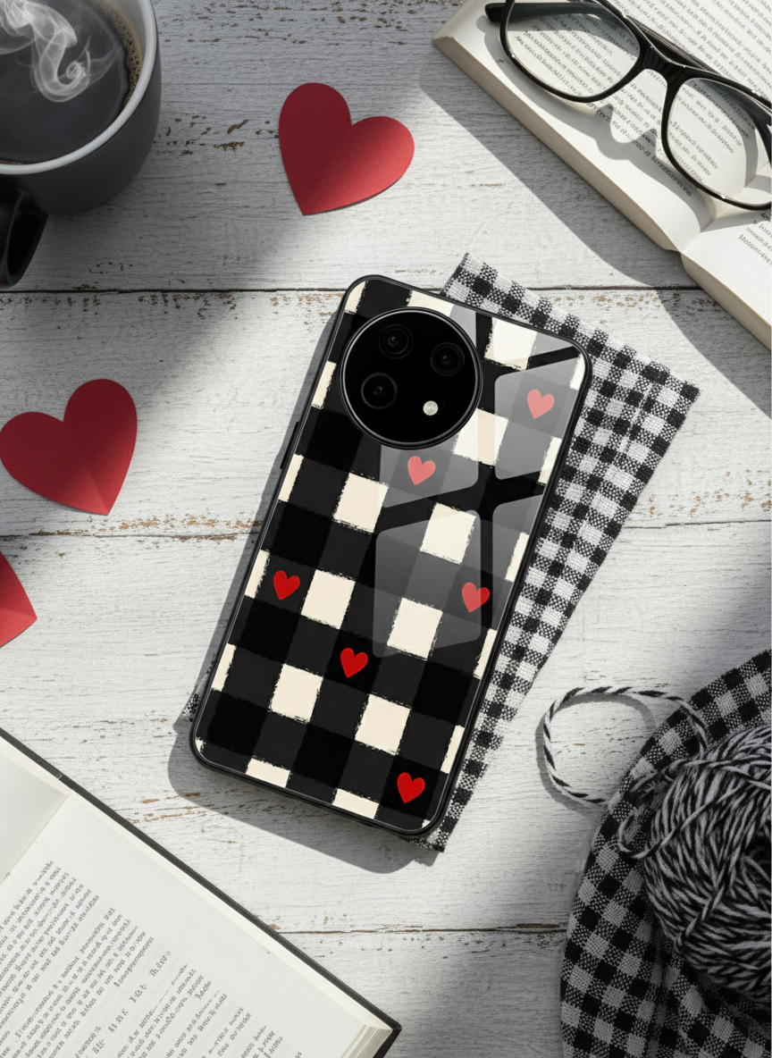 Checkered Hearts Glass Back Cover For One Plus 13, 12, 11, 10, Nord Series