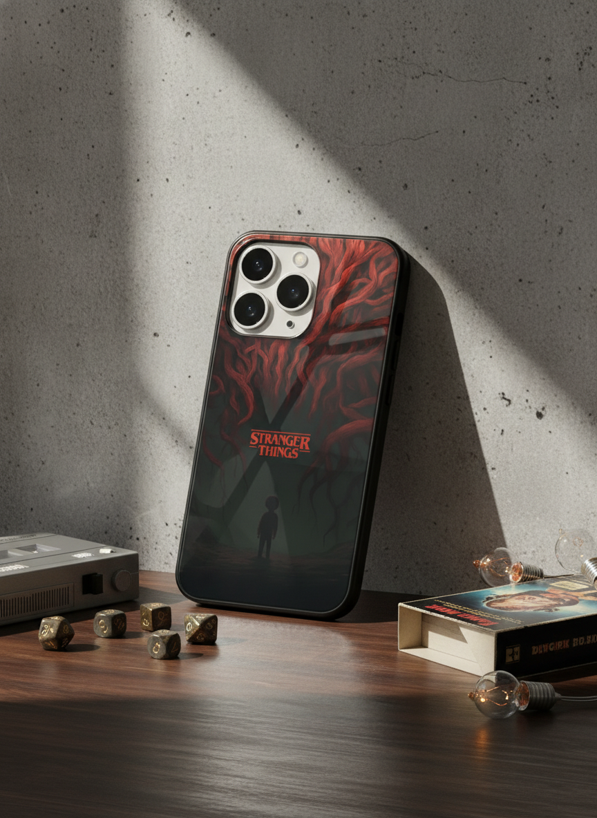 STRANGER THINGS- Stranger Dark Roots Premium Glass Back Cover For iPhone 11-17 Models