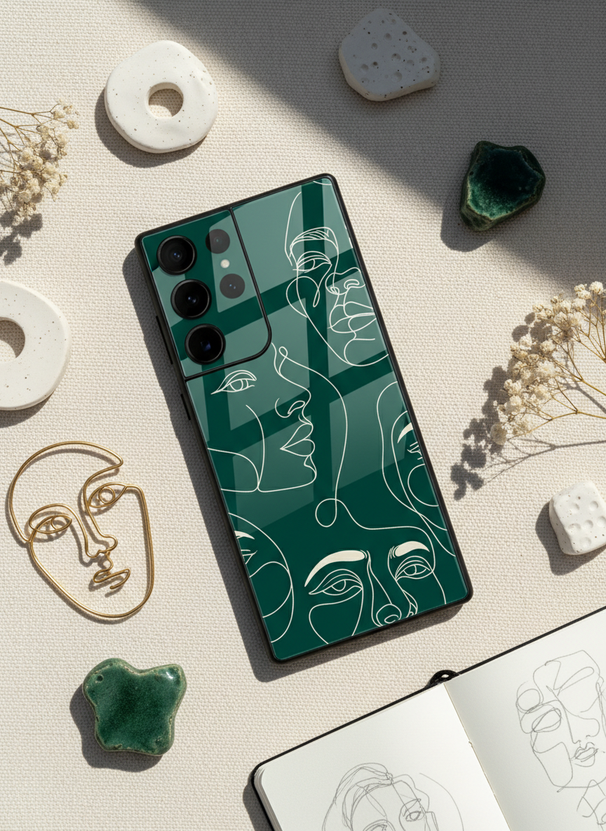 Line Art Lady Premium Glass Back Cover For Galaxy S, A, M & F Series