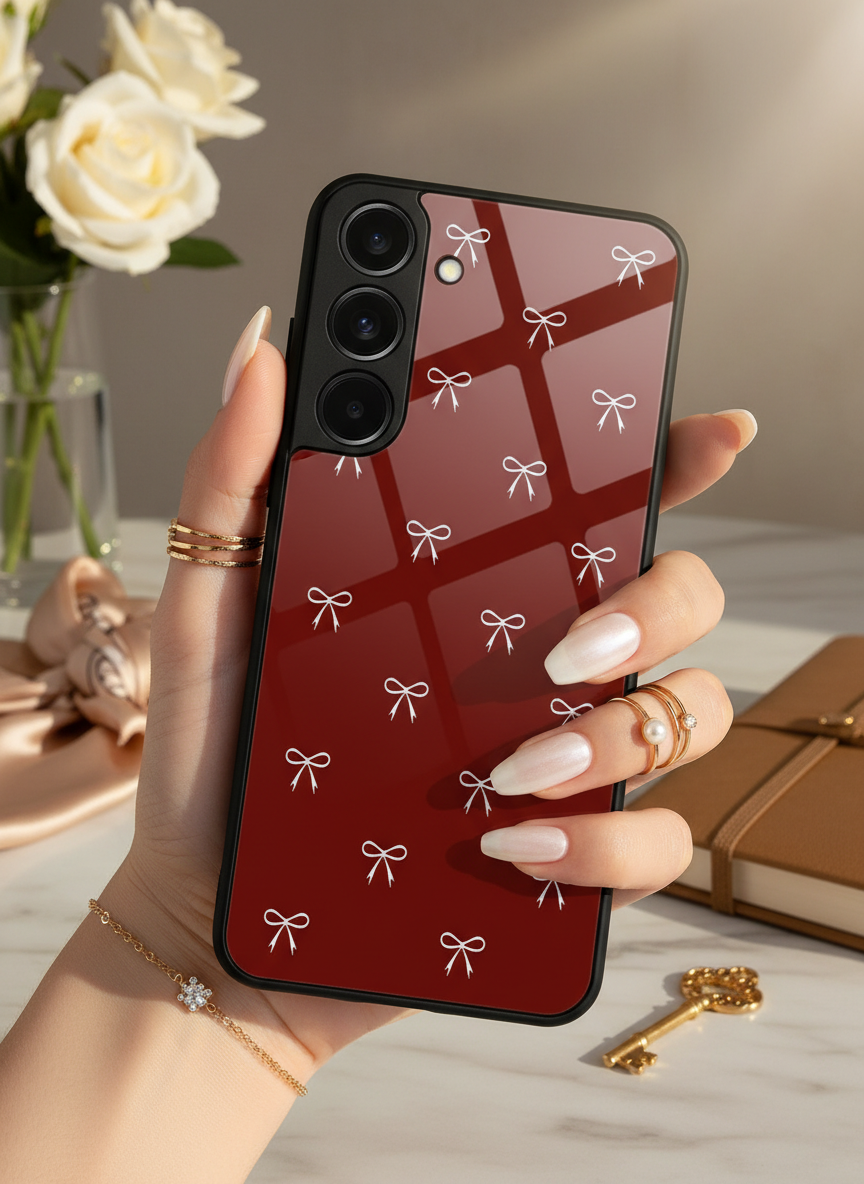 Red Bow Beaut Premium Glass Back Cover For Galaxy S, A, M & F Series