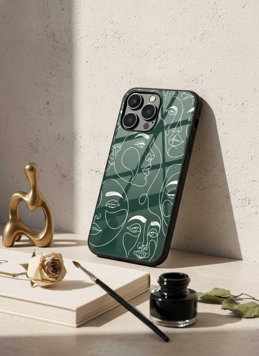 Line Art Lady  Premium Glass Back Cover For iPhone 11-17 Models