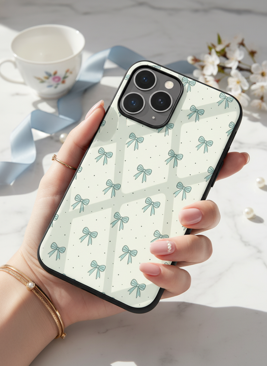 Aesthetic Green Bows Premium Glass Back Cover For iPhone 11-17 Models