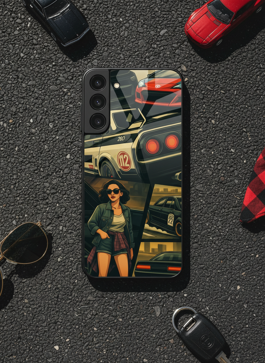 Drag Cars Premium Glass Back Cover For Galaxy S, A, M & F Series