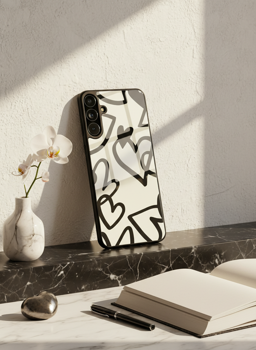 Black Heart Beut Premium Glass Back Cover For Galaxy S, A, M & F Series