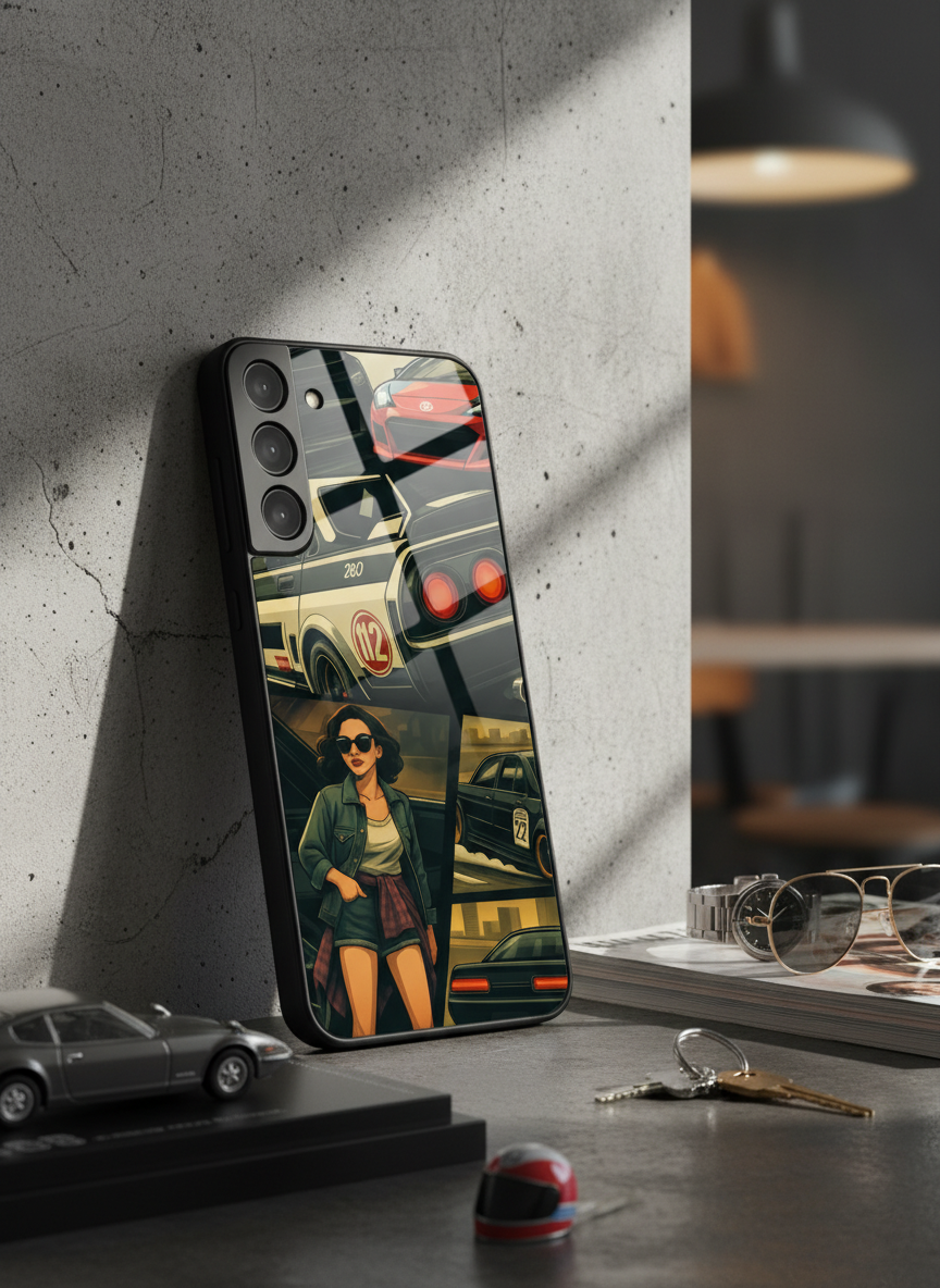 Drag Cars Premium Glass Back Cover For Galaxy S, A, M & F Series