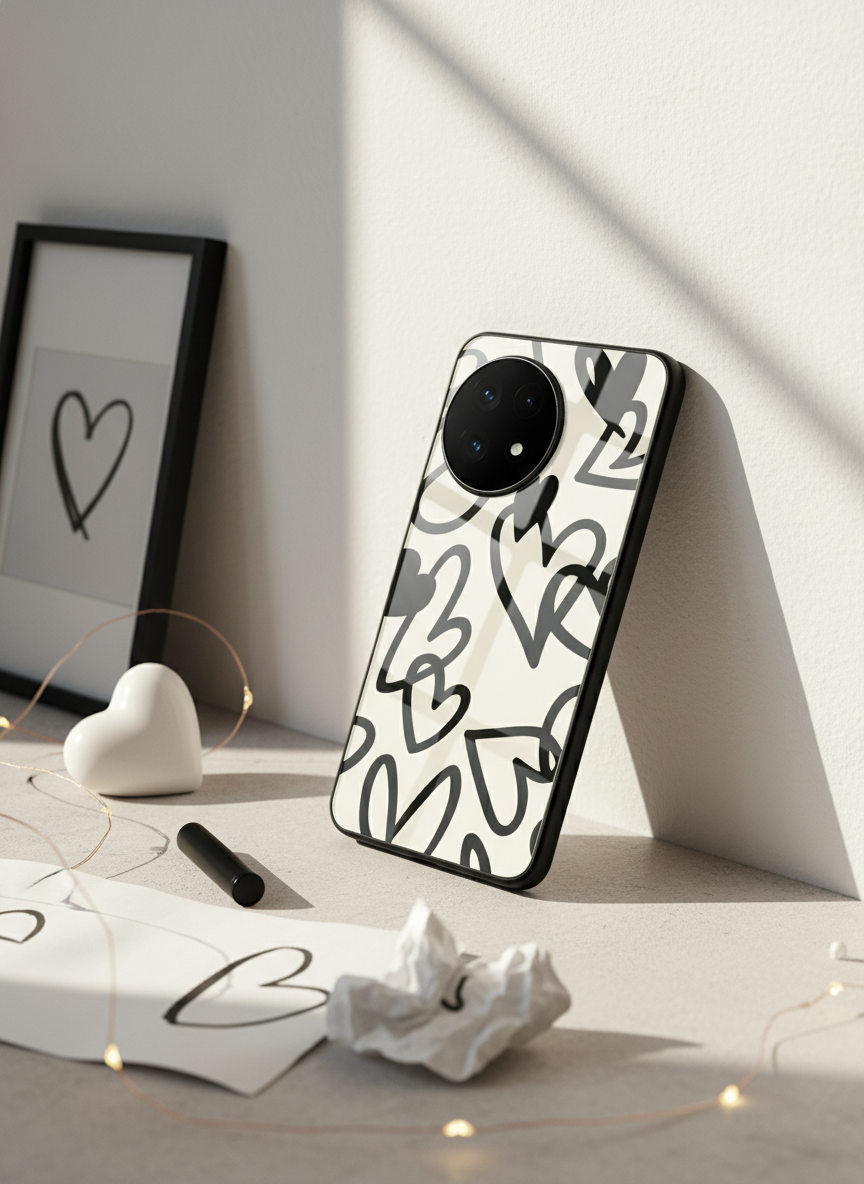 Black Hearts Premium Glass Back Cover For One Plus 13, 12, 11, 10, Nord Series