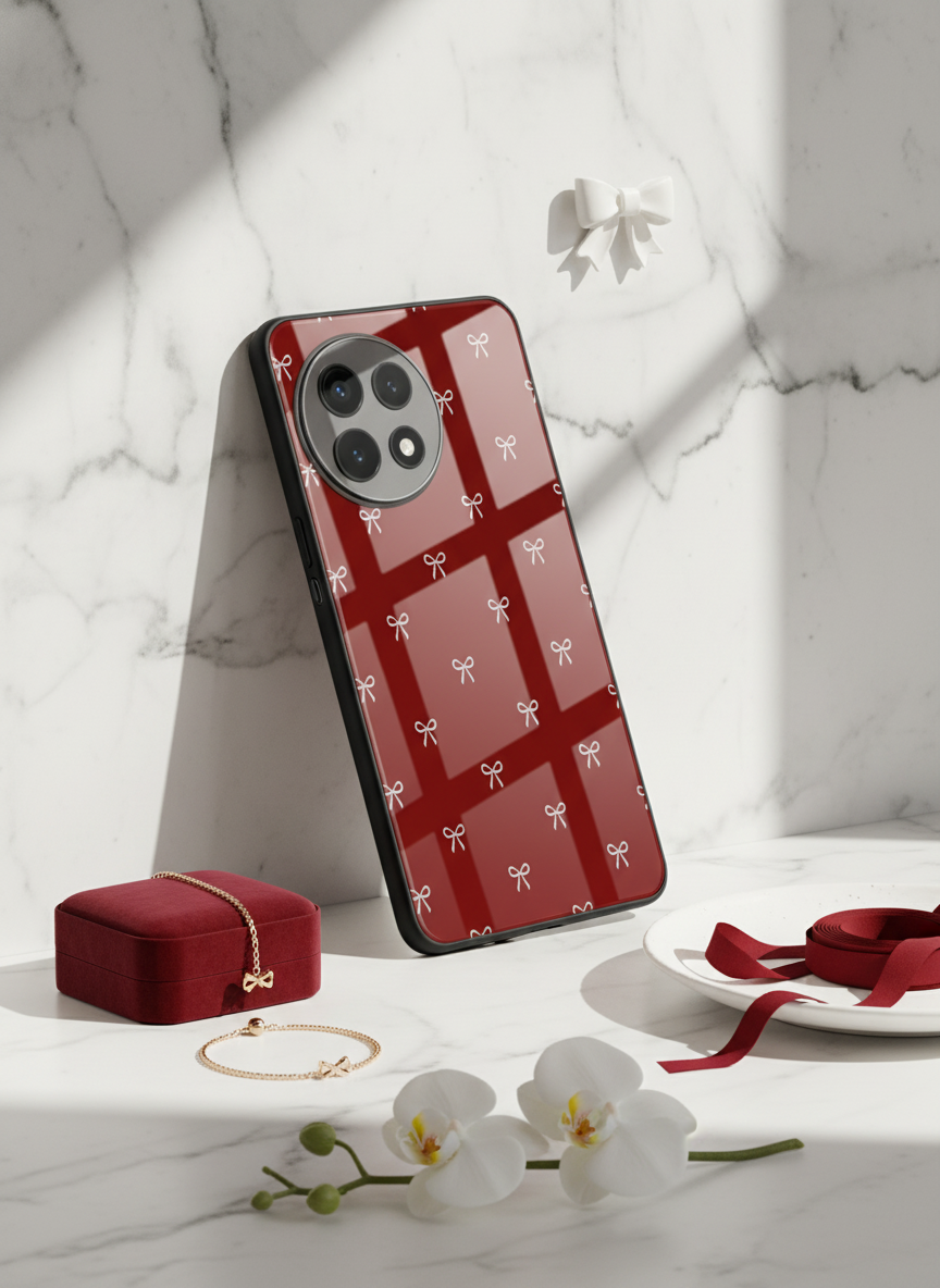 Red Bow Beaut Premium Glass Back Cover For One Plus 13, 12, 11, 10, Nord Series