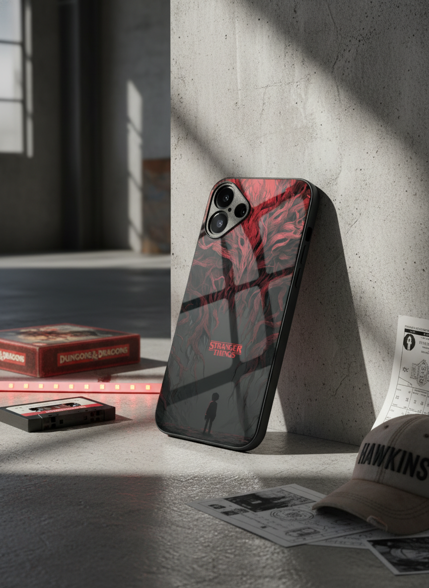 STRANGER THINGS- Stranger Dark Roots Premium Glass Back Cover For iPhone 11-17 Models