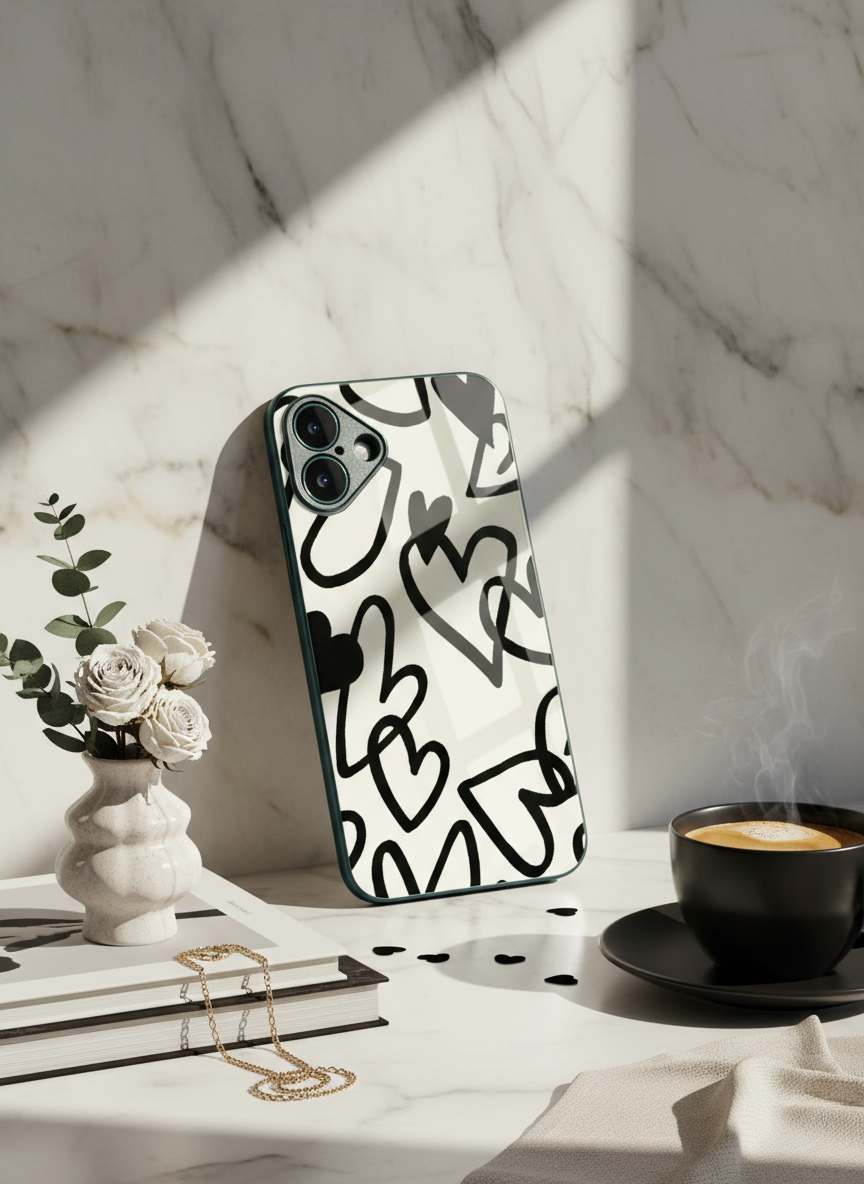 Black Heart Premium Glass Back Cover For iPhone 11-17 Models