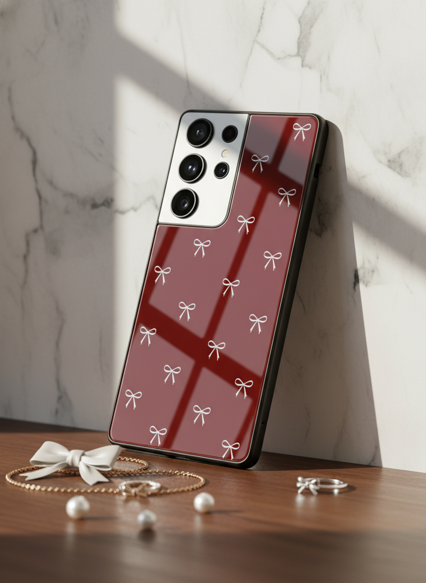 Red Bow Beaut Premium Glass Back Cover For Galaxy S, A, M & F Series