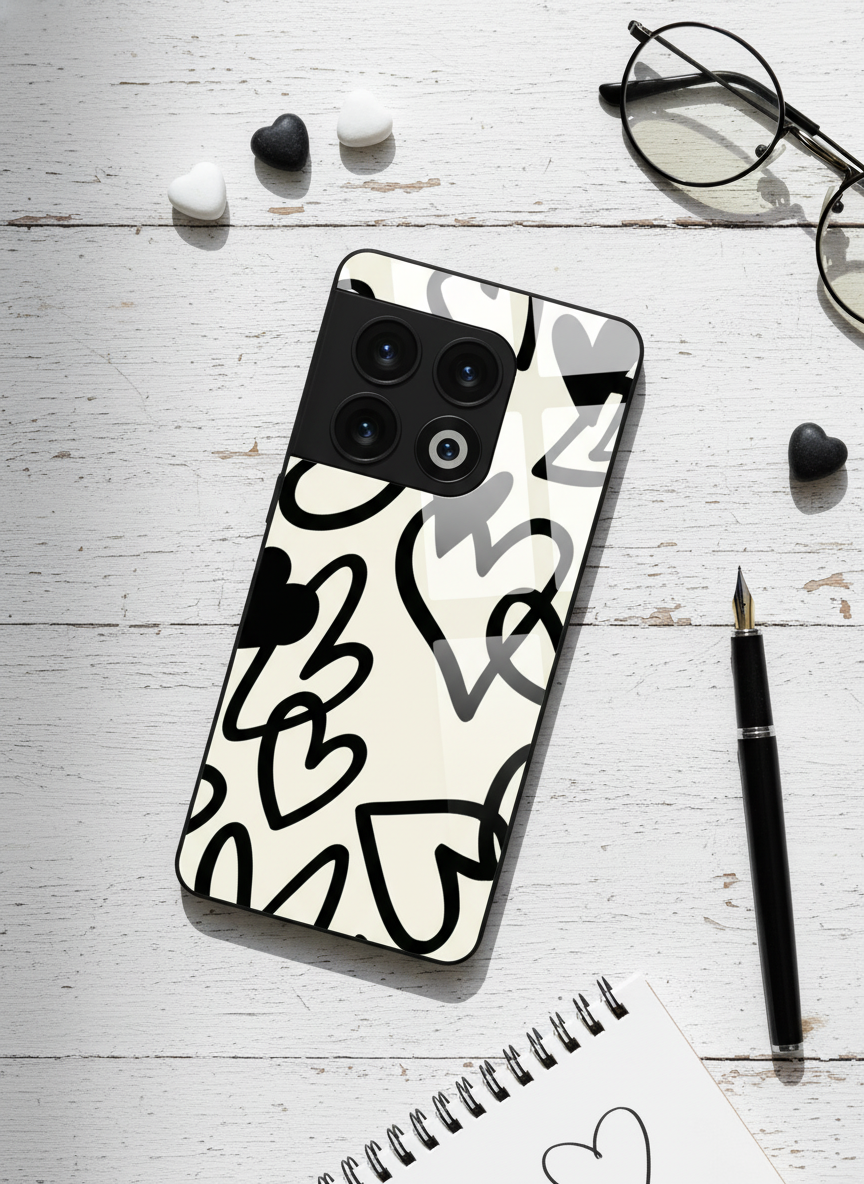 Black Hearts Premium Glass Back Cover For One Plus 13, 12, 11, 10, Nord Series