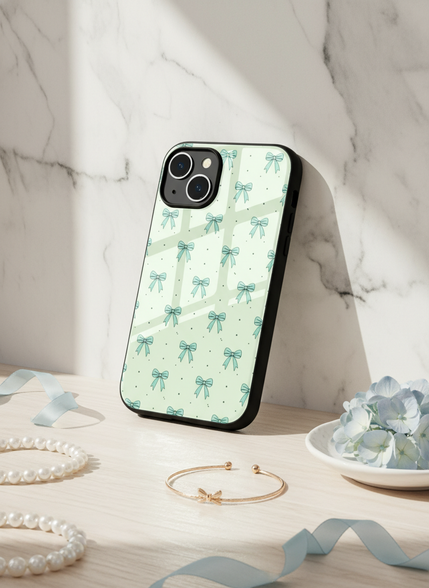 Aesthetic Green Bows Premium Glass Back Cover For iPhone 11-17 Models