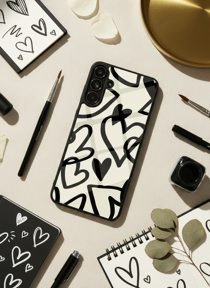 Black Heart Beut Premium Glass Back Cover For Galaxy S, A, M & F Series