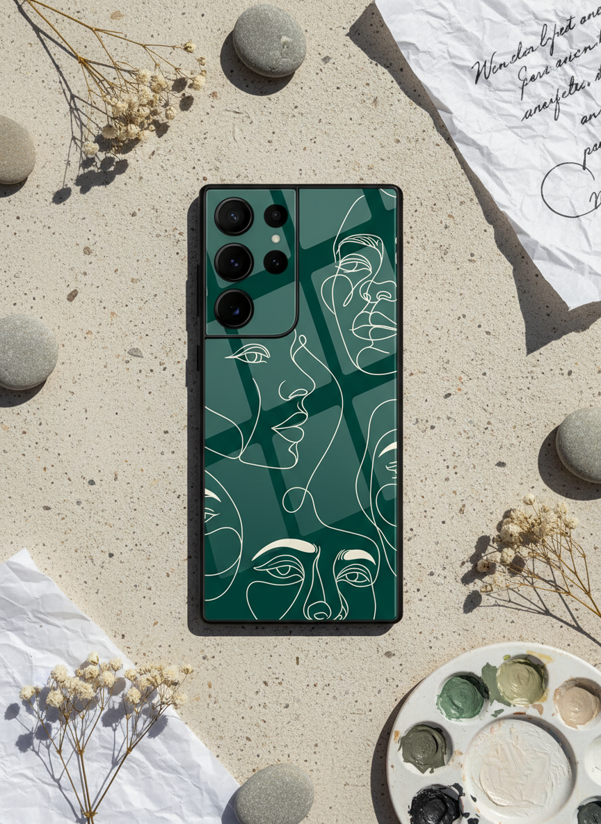 Line Art Lady Premium Glass Back Cover For Galaxy S, A, M & F Series