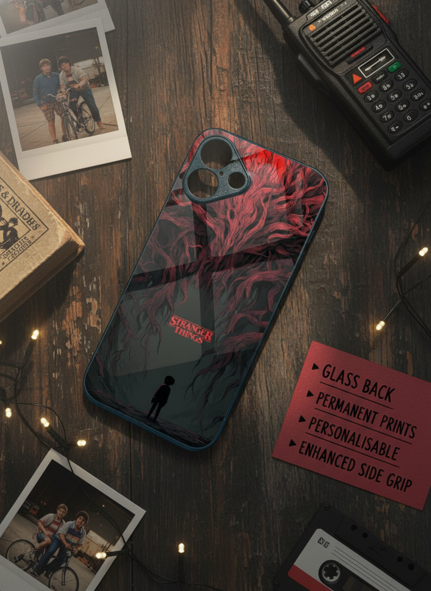 STRANGER THINGS- Stranger Dark Roots Premium Glass Back Cover For iPhone 11-17 Models