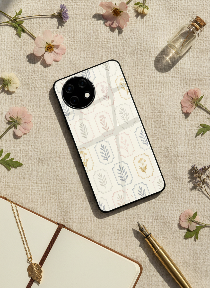 Floral Checks Premium Glass Back Cover For One Plus 13, 12, 11, 10, Nord Series