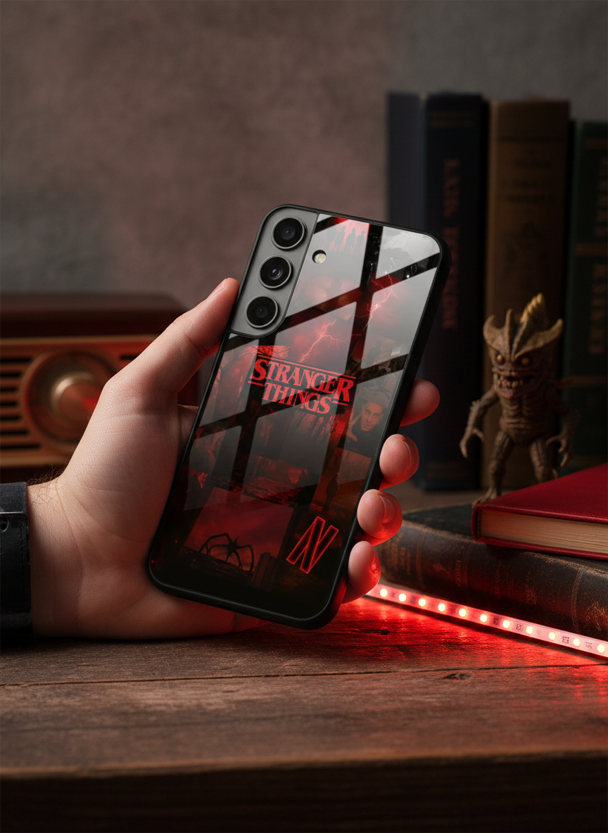 STRANGER THINGS- Red Realm Edit Premium Glass Back Cover For Galaxy S, A, M & F Series