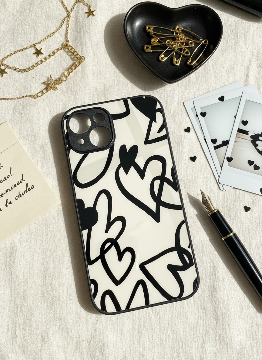 Black Heart Premium Glass Back Cover For iPhone 11-17 Models