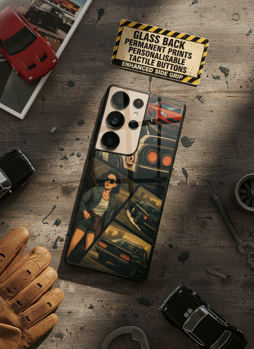 Drag Cars Premium Glass Back Cover For Galaxy S, A, M & F Series