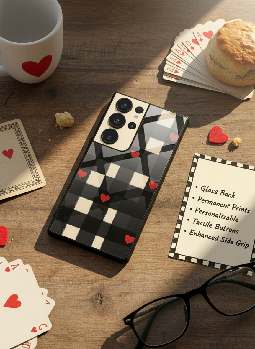 Checkered Hearts Premium Glass Back Cover For Galaxy S, A, M & F Series