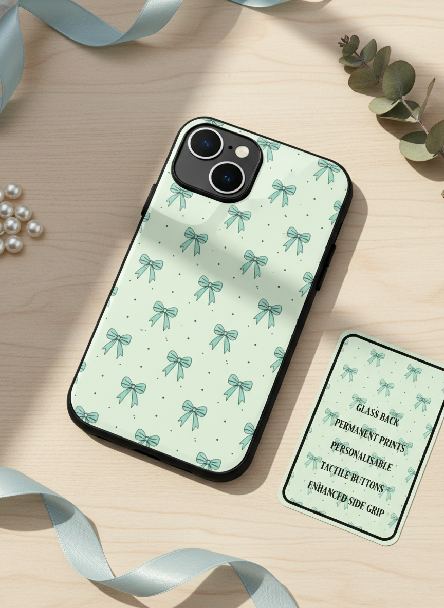 Aesthetic Green Bows Premium Glass Back Cover For iPhone 11-17 Models