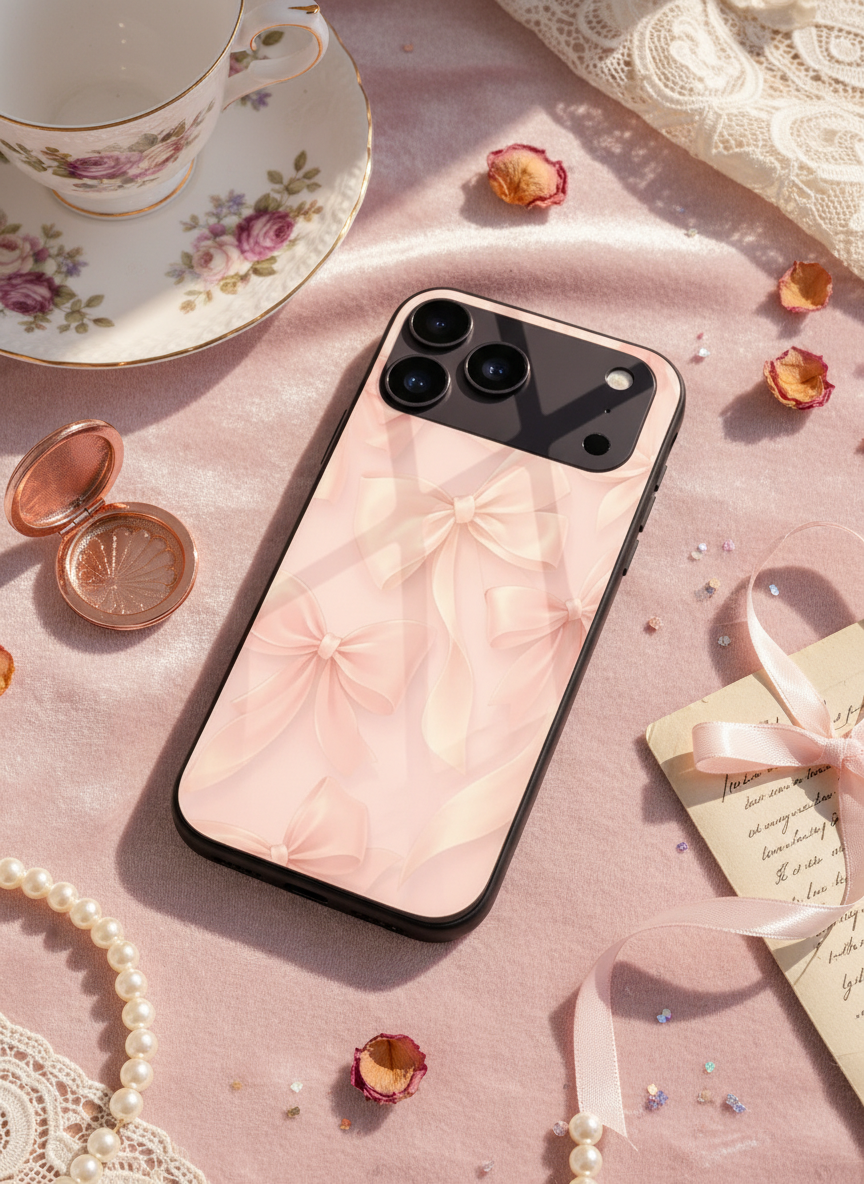 Silky Bows Sketch Premium Glass Back Cover For iPhone 11-17 Models