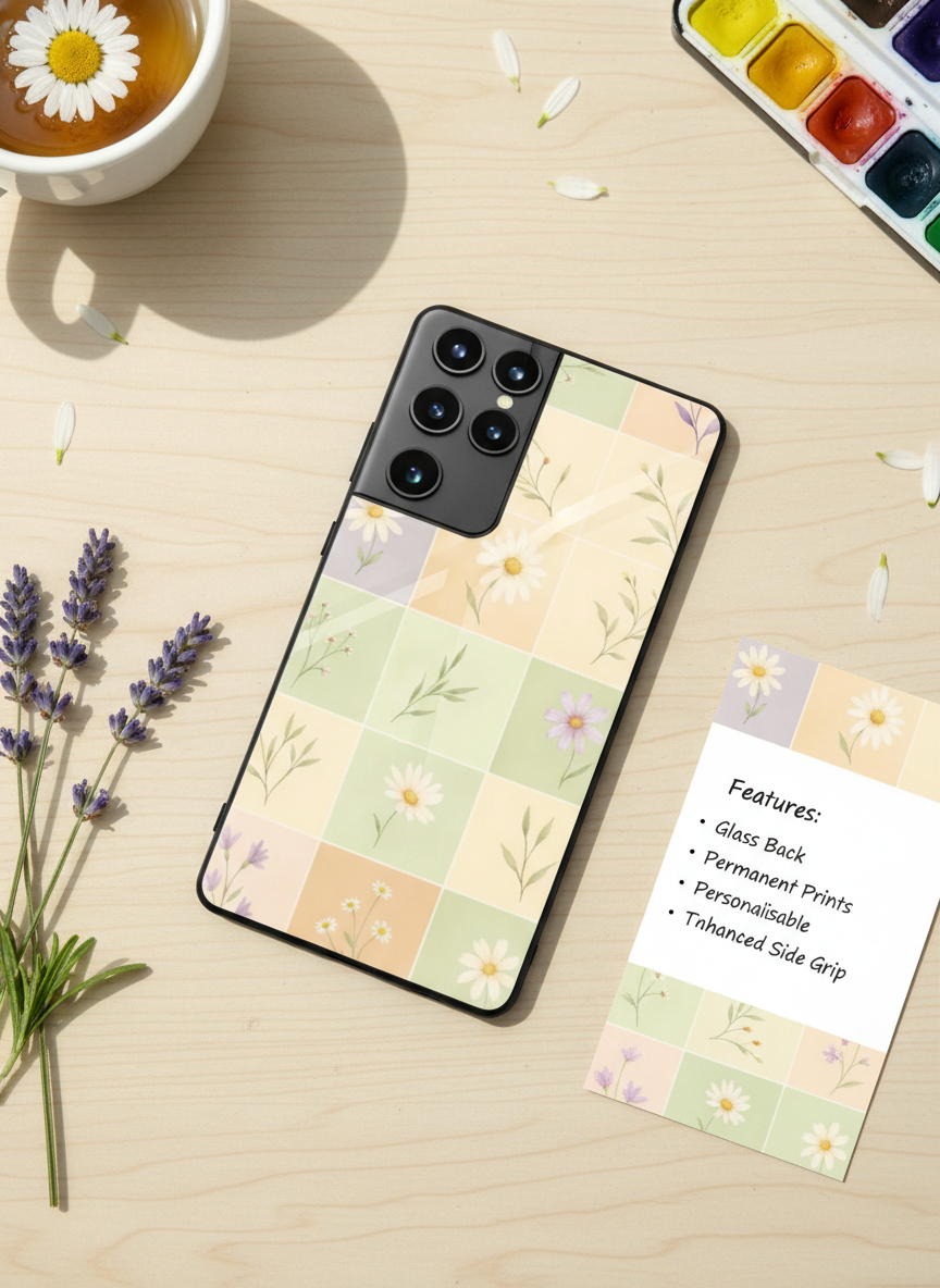 Sage Check Premium Glass Back Cover For Galaxy S, A, M & F Series