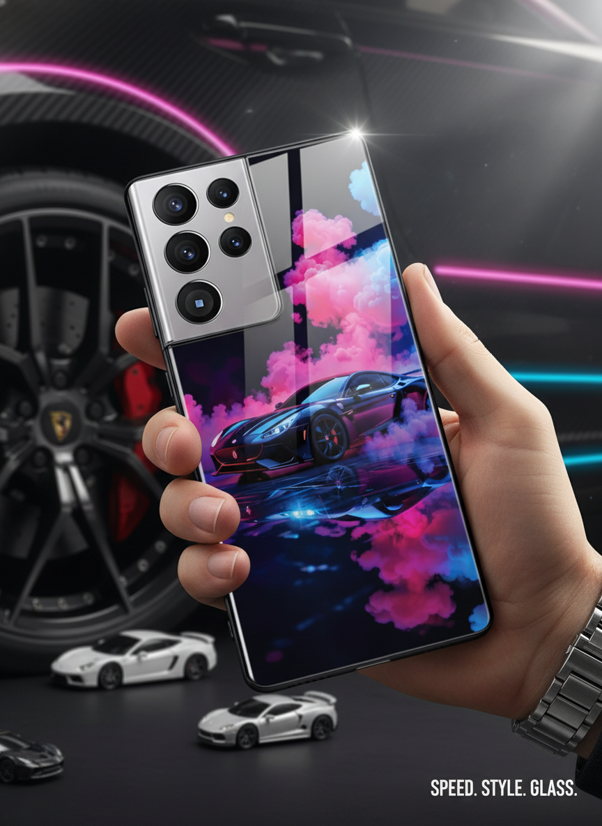 Smoke Racer Premium Glass Back Cover For Galaxy S, A, M & F Series