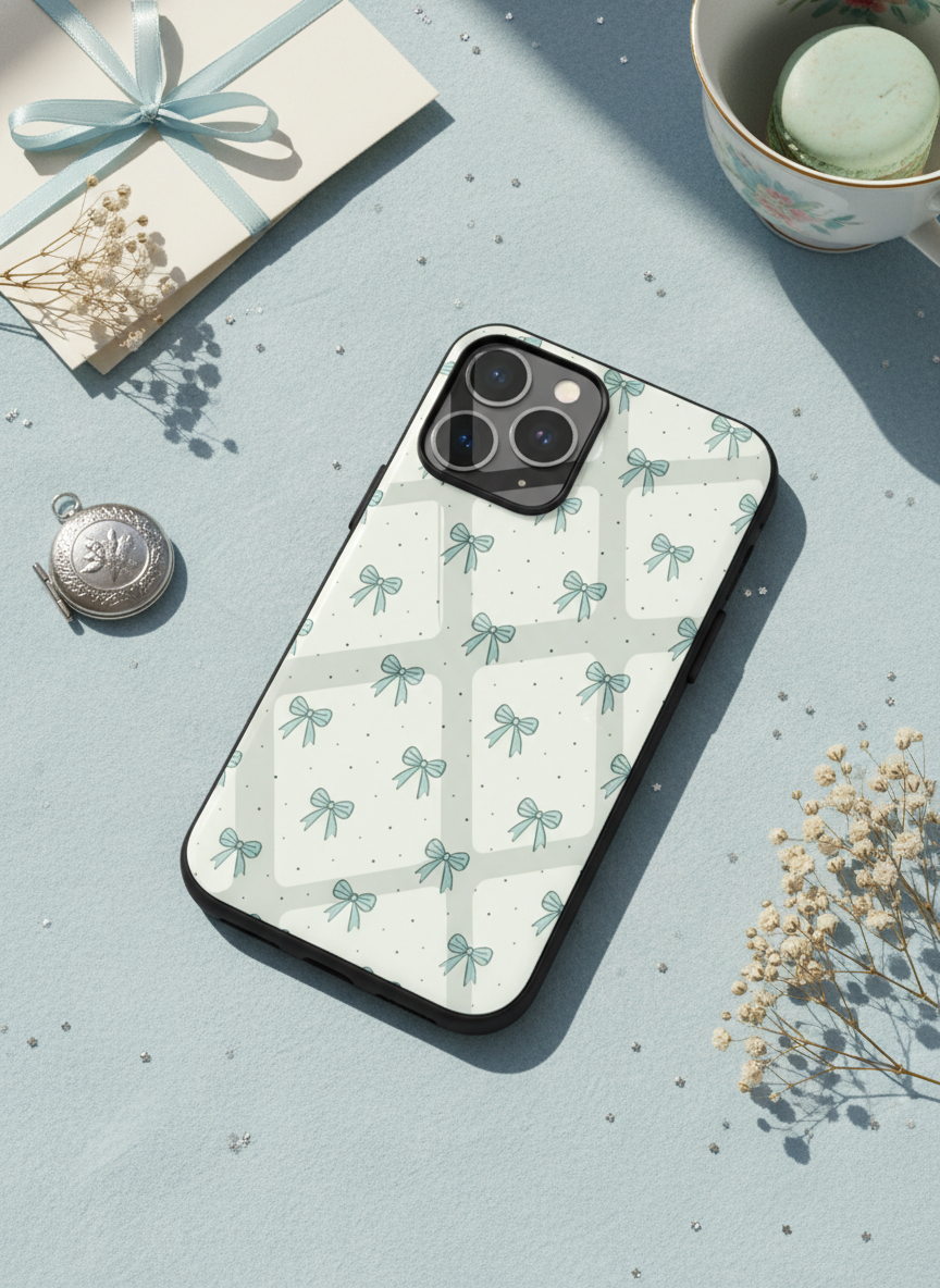 Aesthetic Green Bows Premium Glass Back Cover For iPhone 11-17 Models