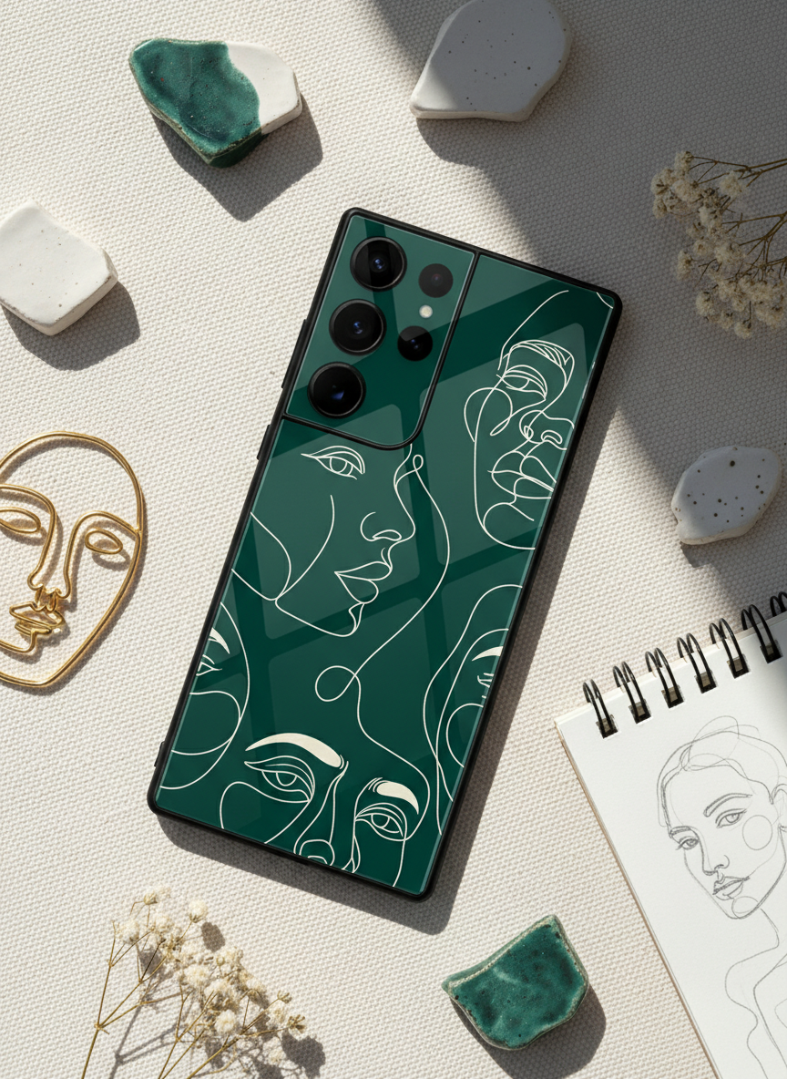 Line Art Lady Premium Glass Back Cover For Galaxy S, A, M & F Series