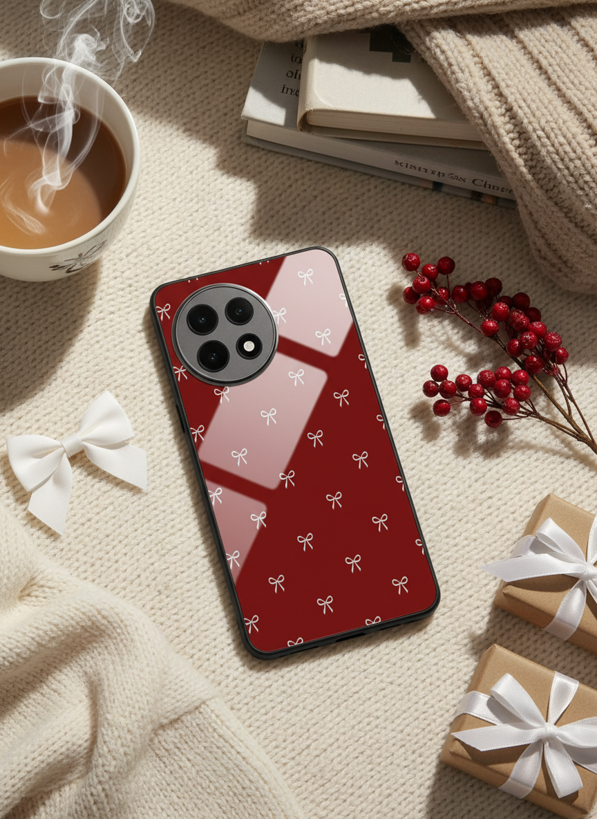Red Bow Beaut Premium Glass Back Cover For One Plus 13, 12, 11, 10, Nord Series
