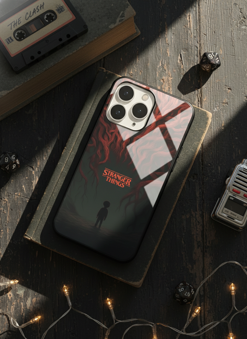 STRANGER THINGS- Stranger Dark Roots Premium Glass Back Cover For iPhone 11-17 Models
