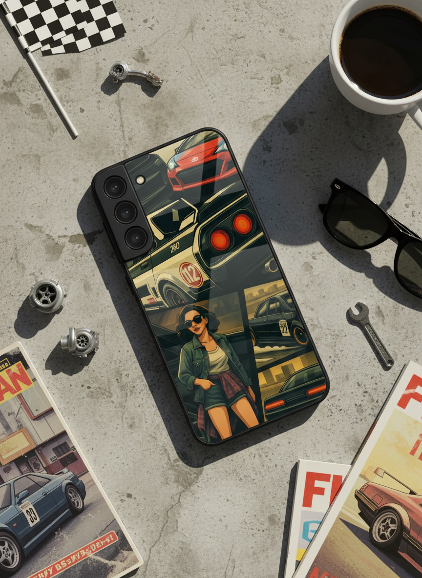 Drag Cars Premium Glass Back Cover For Galaxy S, A, M & F Series