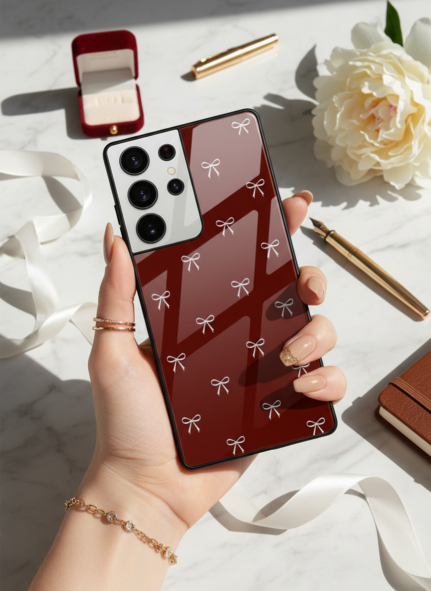 Red Bow Beaut Premium Glass Back Cover For Galaxy S, A, M & F Series