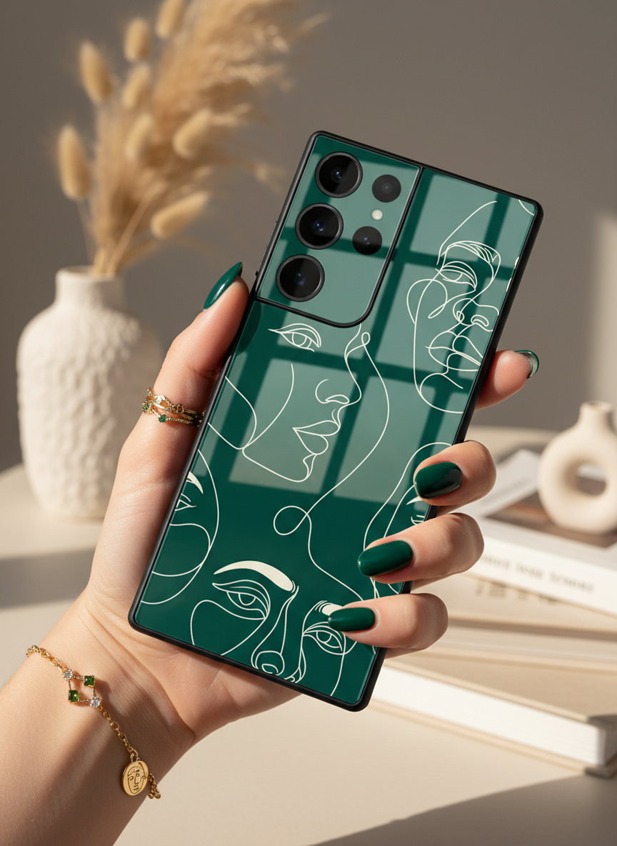 Line Art Lady Premium Glass Back Cover For Galaxy S, A, M & F Series