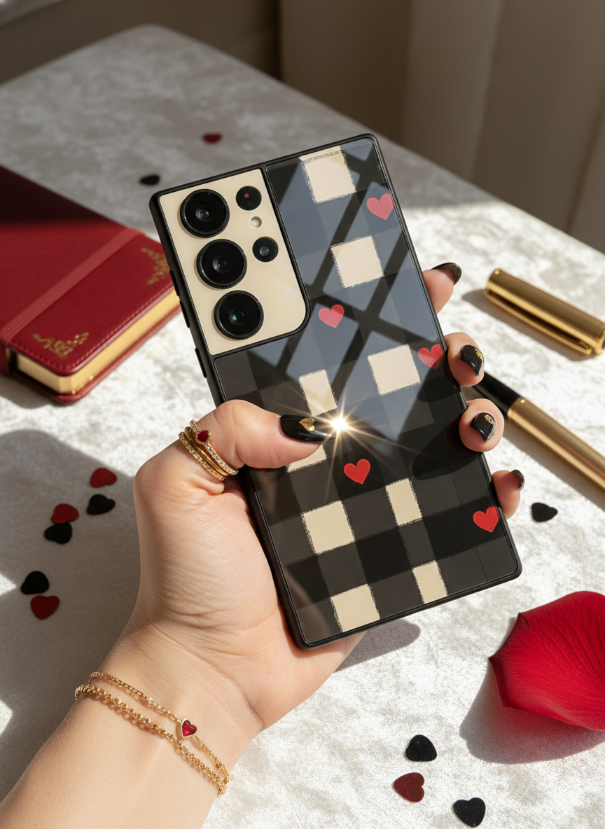 Checkered Hearts Premium Glass Back Cover For Galaxy S, A, M & F Series