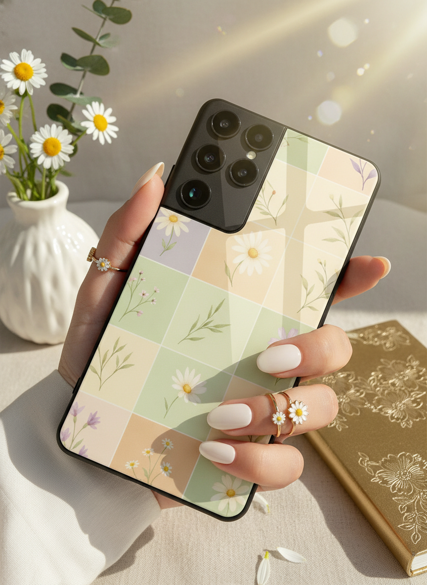 Sage Check Premium Glass Back Cover For Galaxy S, A, M & F Series