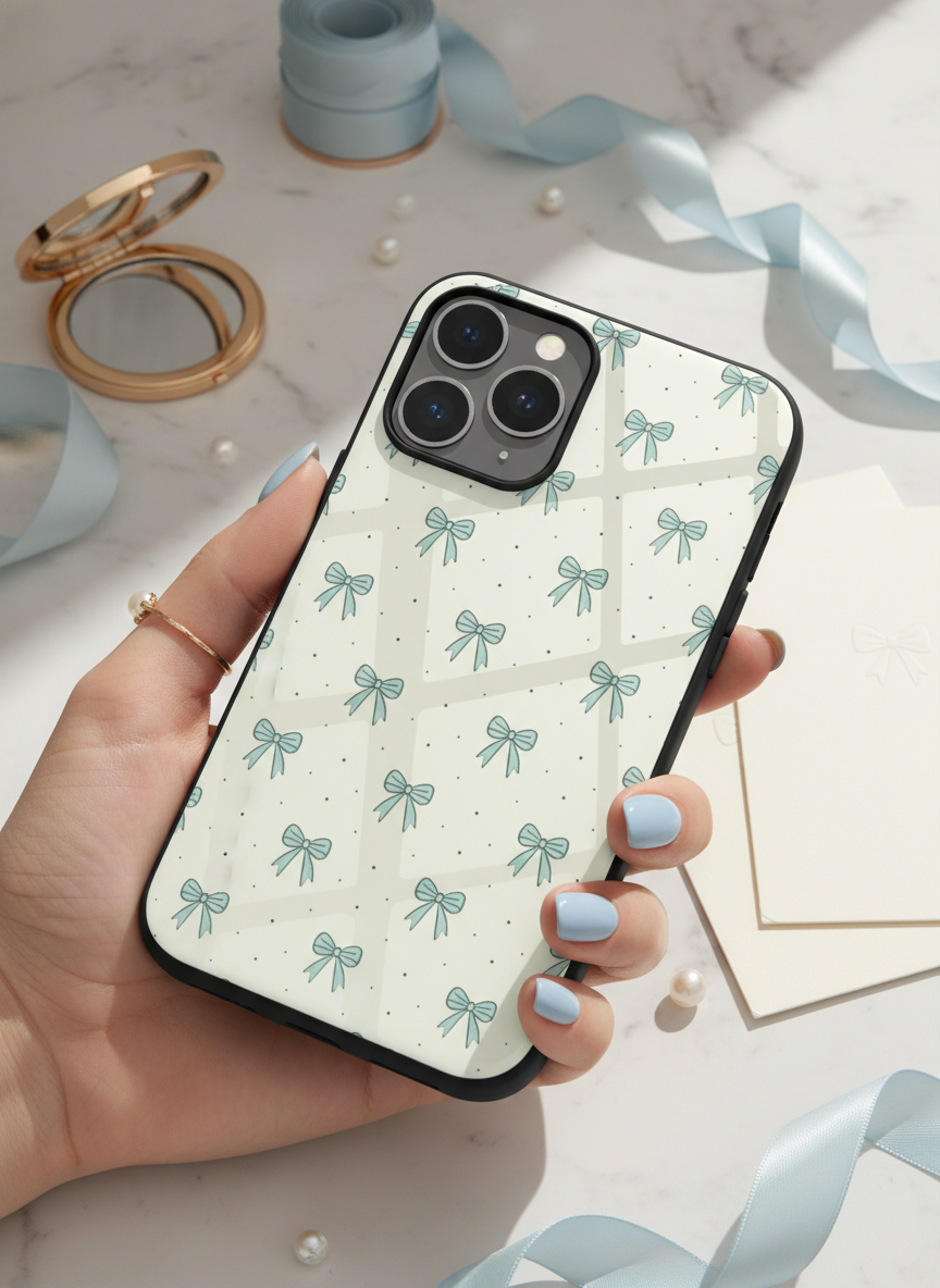Aesthetic Green Bows Premium Glass Back Cover For iPhone 11-17 Models