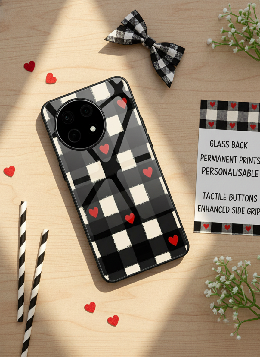 Checkered Hearts Glass Back Cover For One Plus 13, 12, 11, 10, Nord Series