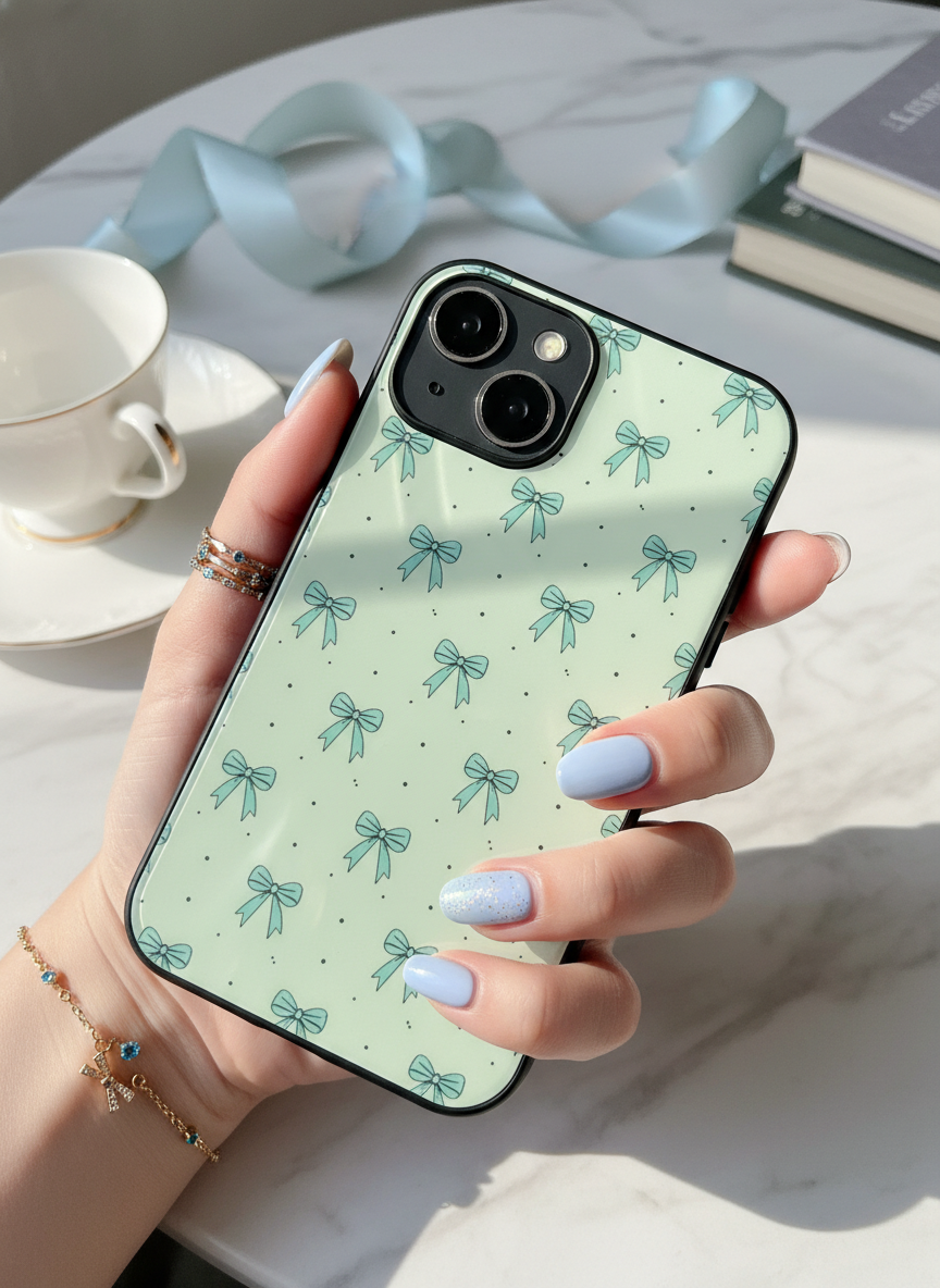 Aesthetic Green Bows Premium Glass Back Cover For iPhone 11-17 Models