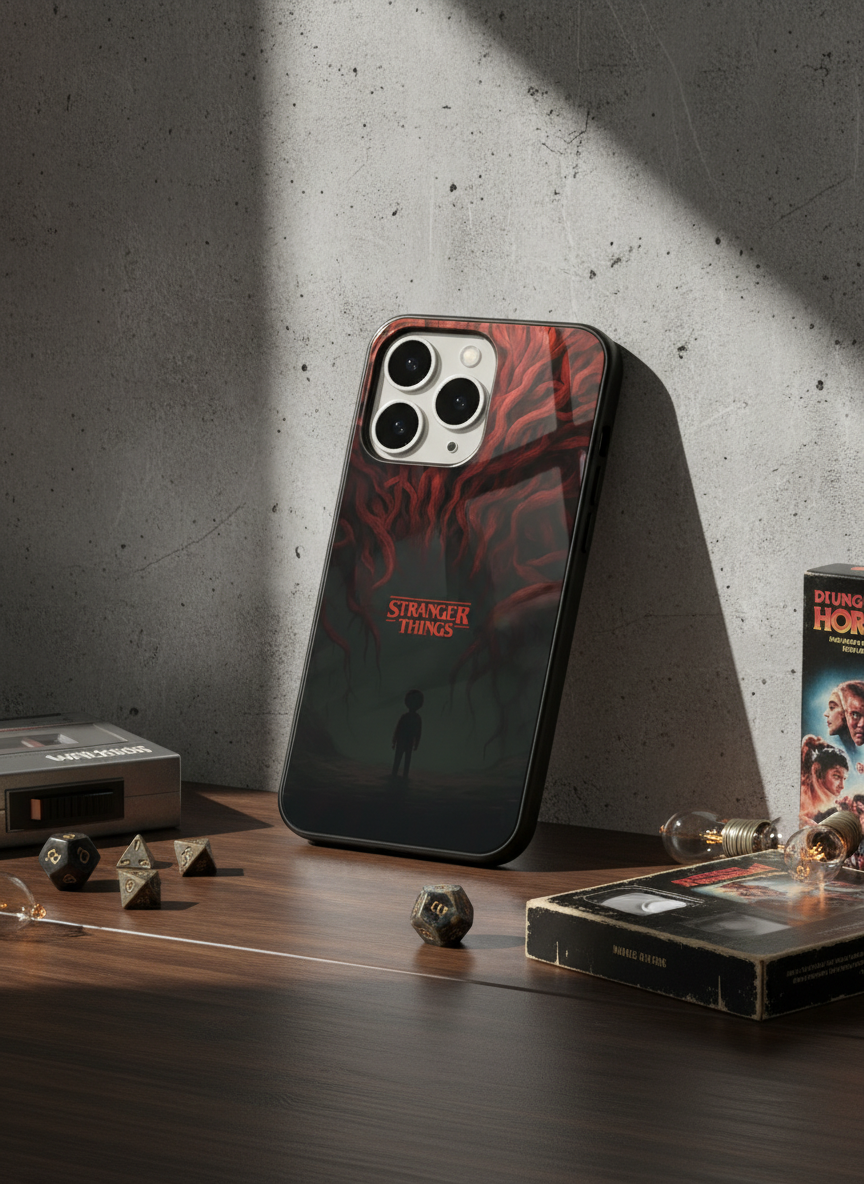STRANGER THINGS- Stranger Dark Roots Premium Glass Back Cover For iPhone 11-17 Models
