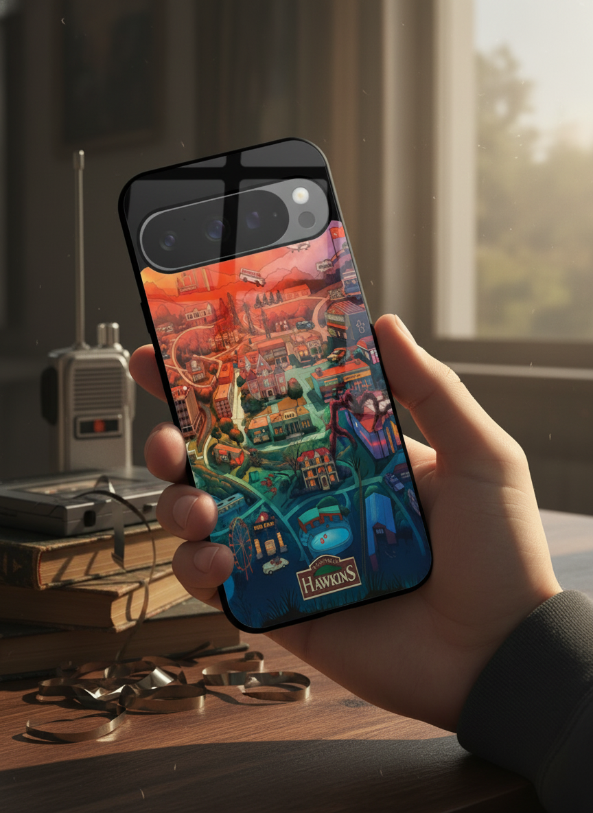 STRANGER THINGS- Hawkins Cinematic Map Premium Glass Back Cover For Google Pixel 7,8,9,10 Series