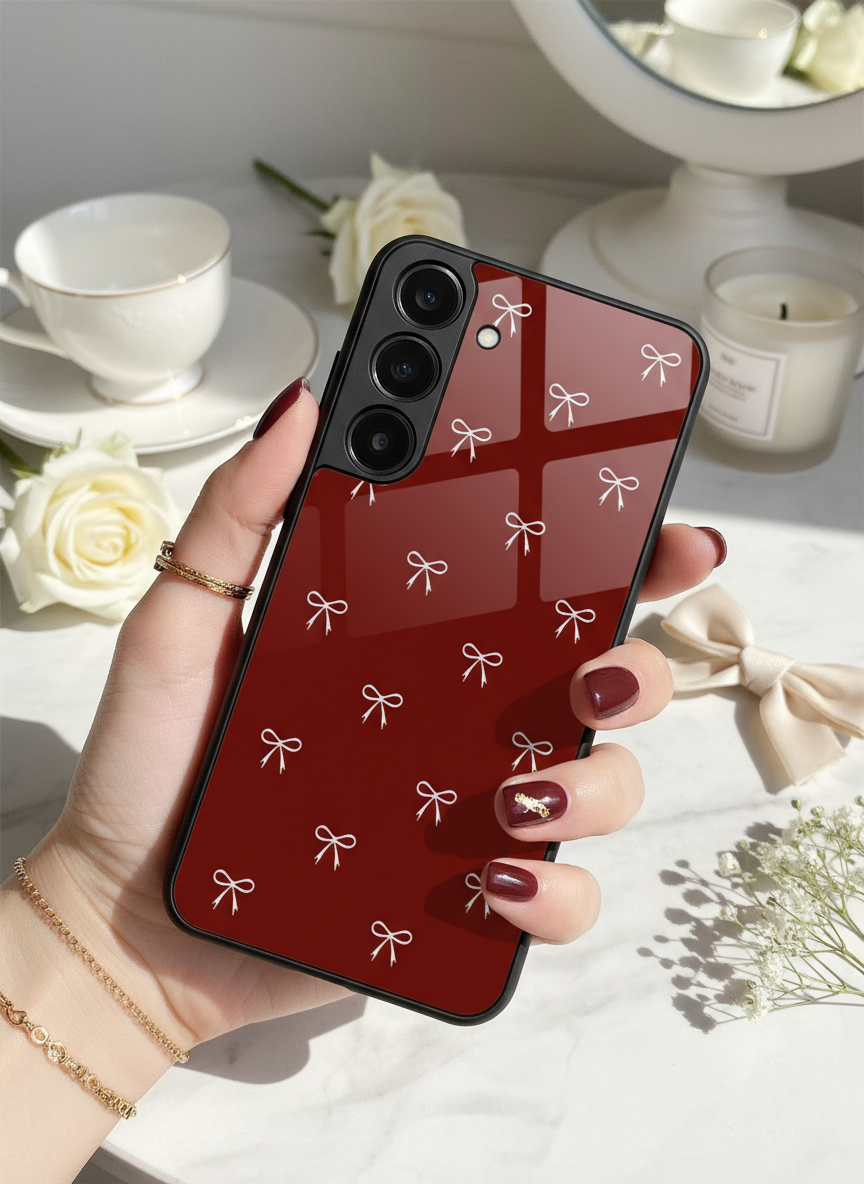 Red Bow Beaut Premium Glass Back Cover For Galaxy S, A, M & F Series