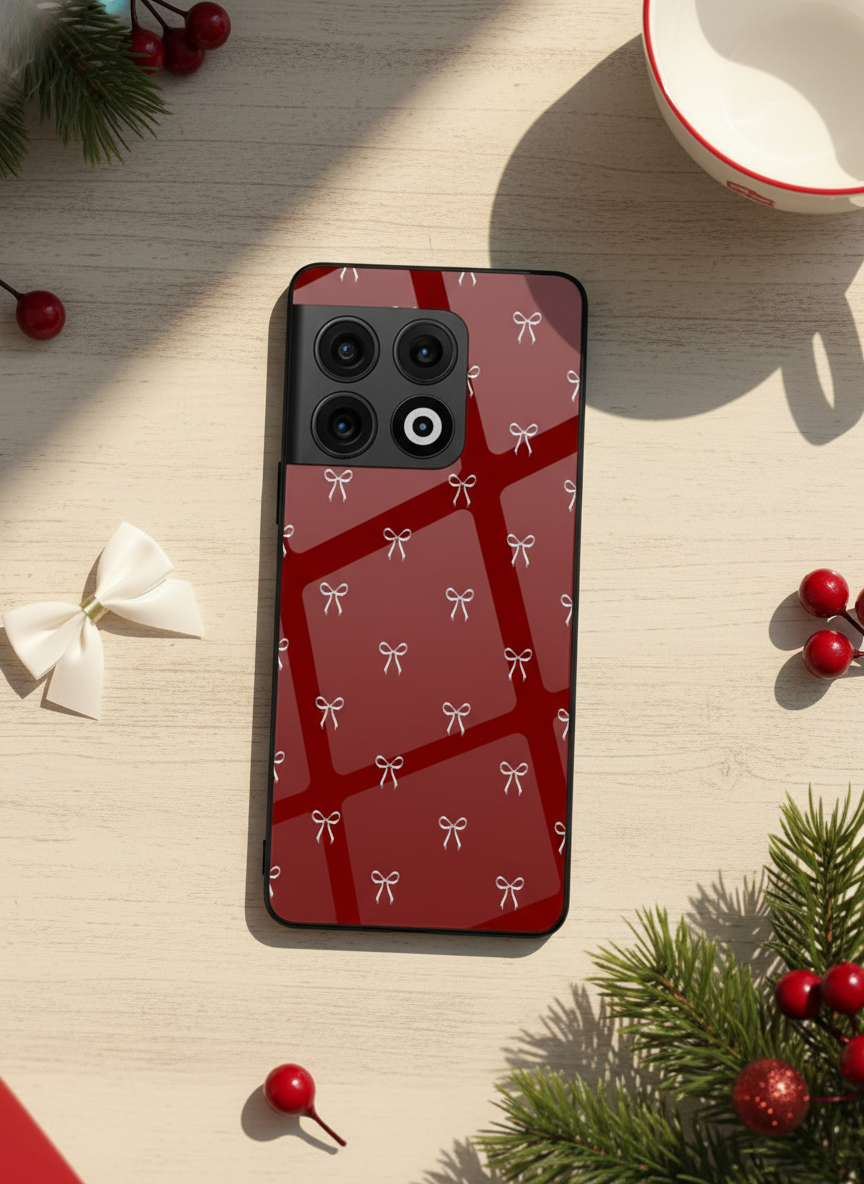 Red Bow Beaut Premium Glass Back Cover For One Plus 13, 12, 11, 10, Nord Series