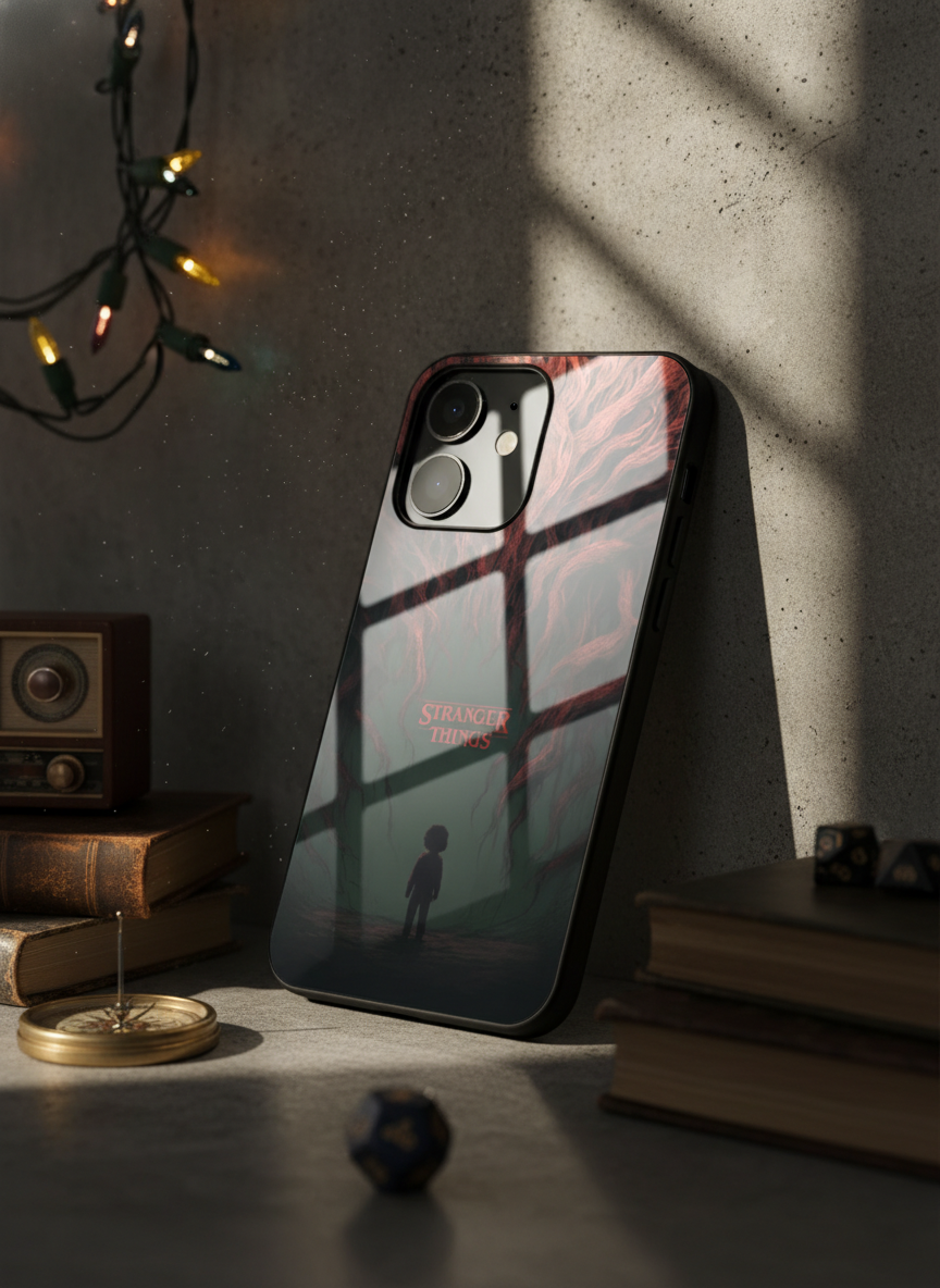STRANGER THINGS- Stranger Dark Roots Premium Glass Back Cover For iPhone 11-17 Models