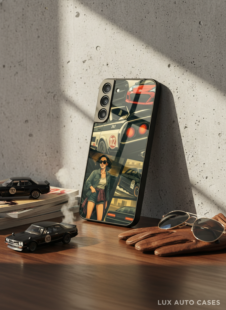 Drag Cars Premium Glass Back Cover For Galaxy S, A, M & F Series
