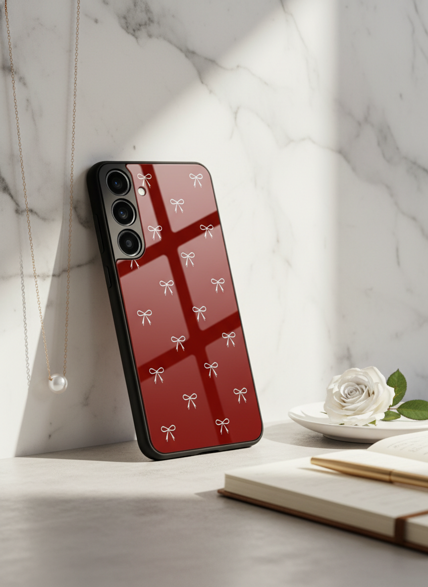 Red Bow Beaut Premium Glass Back Cover For Galaxy S, A, M & F Series