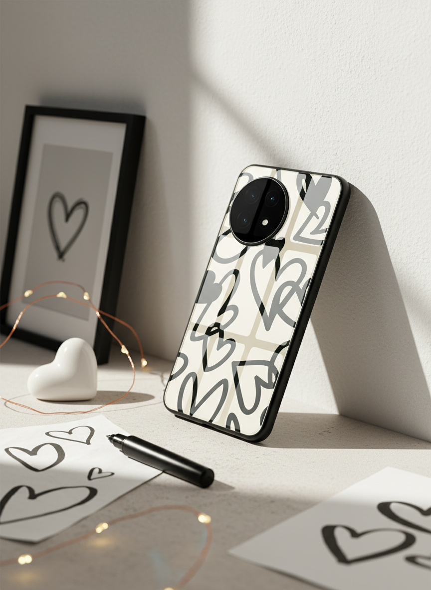 Black Hearts Premium Glass Back Cover For One Plus 13, 12, 11, 10, Nord Series