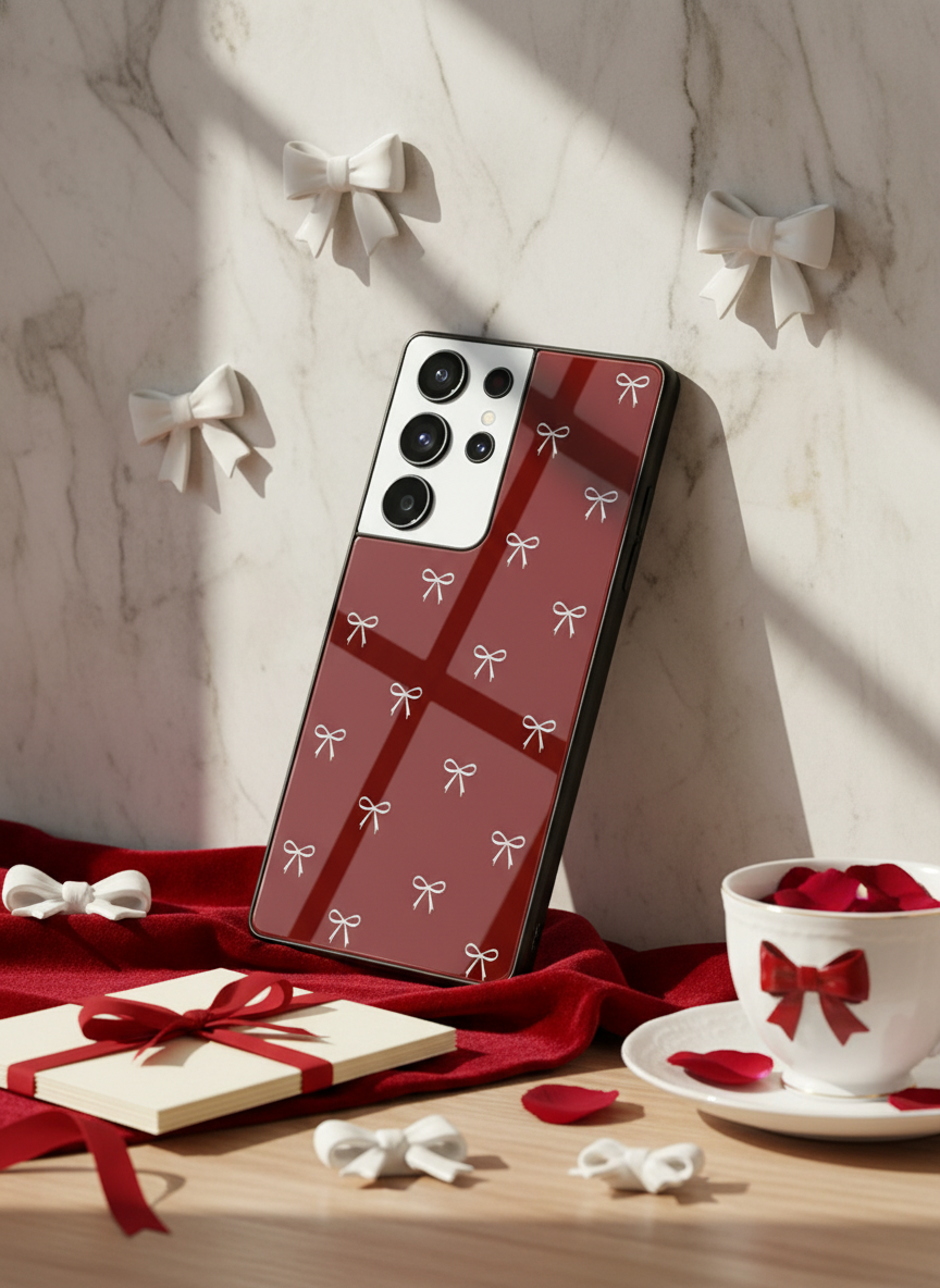Red Bow Beaut Premium Glass Back Cover For Galaxy S, A, M & F Series